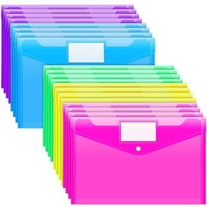 sooez 20 pack plastic envelopes poly envelopes, clear document folders us letter a4 size file envelopes with label pocket & snap button for home work office organization, assorted color