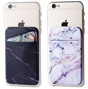 2pack marble adhesive phone pocket,cell phone stick on card wallet sleeve,credit cards/id card holder(double secure) with sticker for back of iphone,android and all smartphones-black&purple marble