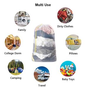 Plusmart Mesh Laundry Bags with Drawstring, 24" x 36" Extra Large Laundry Bags with Staps, for Travel, College Dorm, Apartment, Family, 3 Pack, White, Machine Washable