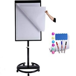 dexboard magnetic mobile whiteboard/height adjustable dry erase board easel on rolling stand, 40 x 28 inch, w/ flipchart easel pad, magnets & eraser, black