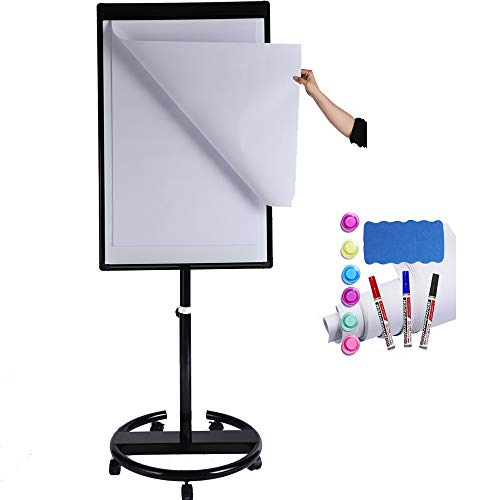 DexBoard Magnetic Mobile Whiteboard/Height Adjustable Dry Erase Board Easel on Rolling Stand, 40 X 28 Inch, w/ Flipchart Easel Pad, Magnets & Eraser, Black