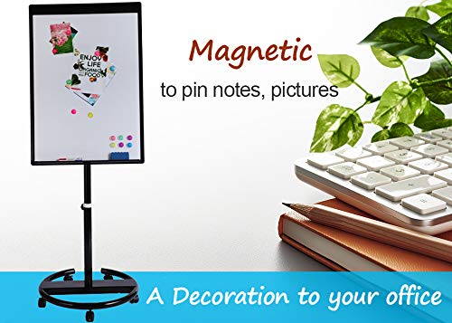 DexBoard Magnetic Mobile Whiteboard/Height Adjustable Dry Erase Board Easel on Rolling Stand, 40 X 28 Inch, w/ Flipchart Easel Pad, Magnets & Eraser, Black