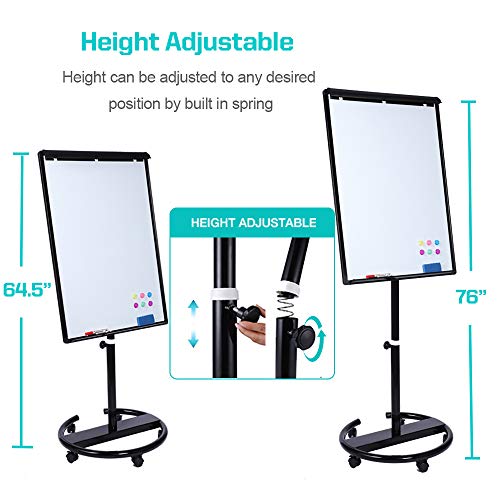 DexBoard Magnetic Mobile Whiteboard/Height Adjustable Dry Erase Board Easel on Rolling Stand, 40 X 28 Inch, w/ Flipchart Easel Pad, Magnets & Eraser, Black