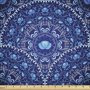 ambesonne navy blue fabric by the yard circular and floral alike oriental style patterned design artwork printed decorative water resistant material for upholstery and home accents 1 yard blue navy