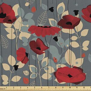 ambesonne poppy flower water resistant fabric by the yard abstraction of a growing floral garden leaves botanical modern nature decorative fabric for diy upholstery and home accents 1 yard beige grey