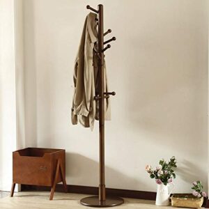 Vlush Sturdy Wooden Coat Rack Stand, Entryway Hall Tree Coat Tree with Solid Round Base for Hat,Clothes,Purse,Scarves,Handbags,Umbrella-(Dark Brown, 11 Hooks)