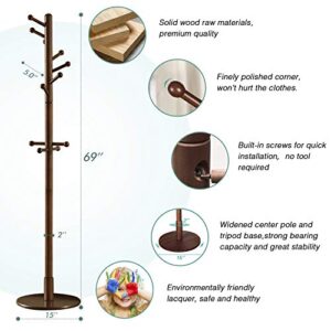 Vlush Sturdy Wooden Coat Rack Stand, Entryway Hall Tree Coat Tree with Solid Round Base for Hat,Clothes,Purse,Scarves,Handbags,Umbrella-(Dark Brown, 11 Hooks)