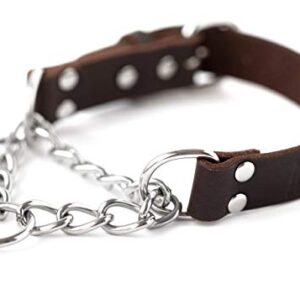 Mighty Paw Leather Martingale Dog Collar | Premium No Pull Dog Collar Martingale Collar for Dogs, Stainless Steel Chain, Limited Chain Cinch Training Collar. for Large, Medium and Small Dogs (Brown)