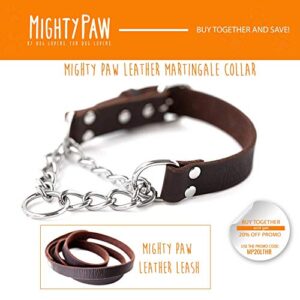 Mighty Paw Leather Martingale Dog Collar | Premium No Pull Dog Collar Martingale Collar for Dogs, Stainless Steel Chain, Limited Chain Cinch Training Collar. for Large, Medium and Small Dogs (Brown)