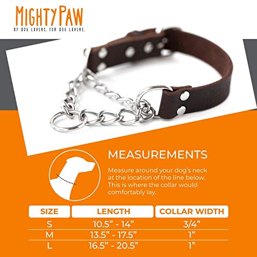 Mighty Paw Leather Martingale Dog Collar | Premium No Pull Dog Collar Martingale Collar for Dogs, Stainless Steel Chain, Limited Chain Cinch Training Collar. for Large, Medium and Small Dogs (Brown)