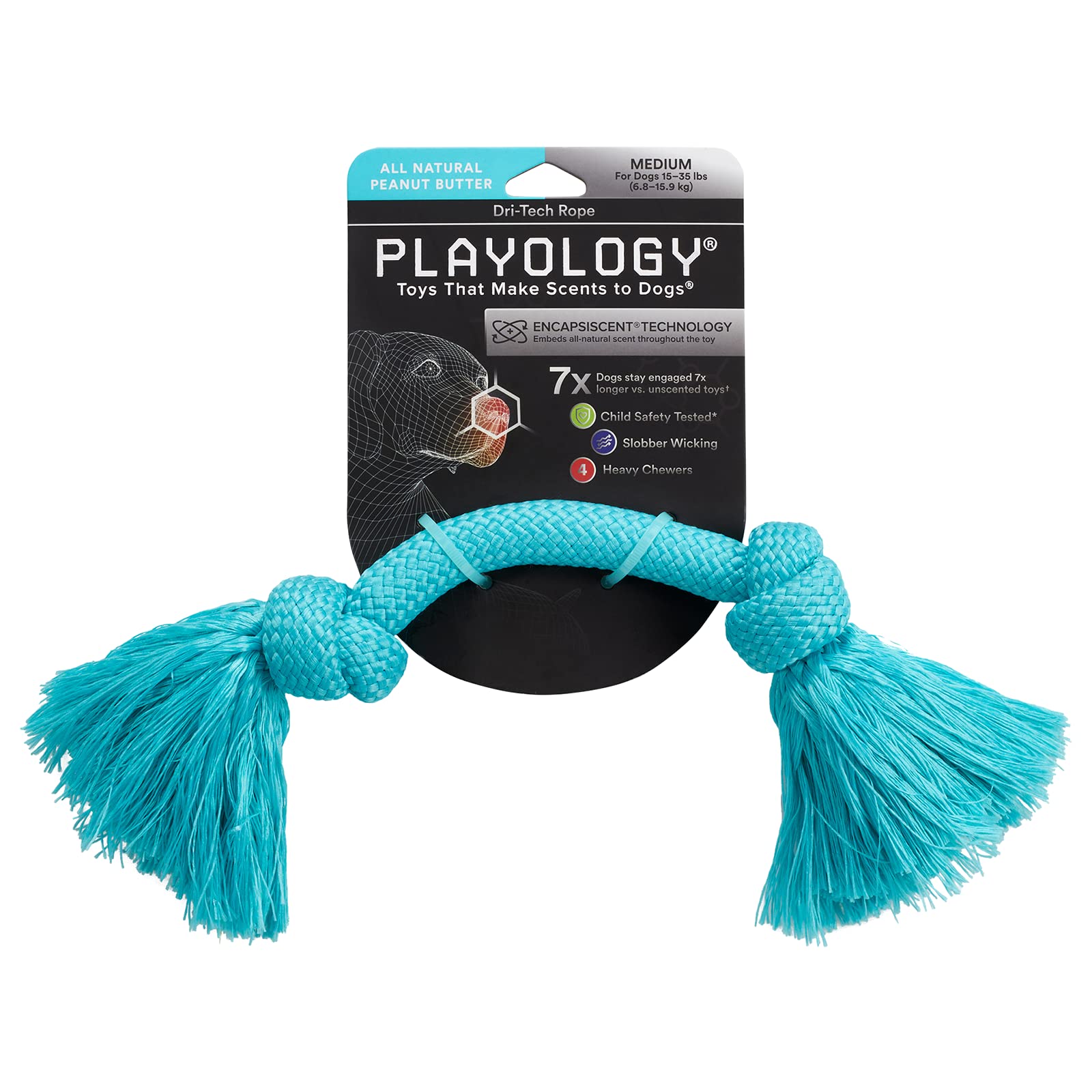 Playology Dri Tech Rope Dog Chew Toy - for Medium Dogs (15-35lbs) Peanut Butter Scented Dog Toys for Heavy Chewers - Engaging, All-Natural, Interactive and Non-Toxic