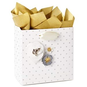 hallmark signature 5" small gift bag with tissue paper (paper flowers; grey, white, gold) for weddings, mother's day, birthdays, bridal showers, engagements, anniversaries and more