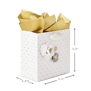 Hallmark Signature 5" Small Gift Bag with Tissue Paper (Paper Flowers; Grey, White, Gold) for Weddings, Mother's Day, Birthdays, Bridal Showers, Engagements, Anniversaries and More