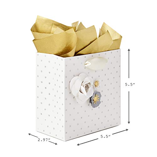 Hallmark Signature 5" Small Gift Bag with Tissue Paper (Paper Flowers; Grey, White, Gold) for Weddings, Mother's Day, Birthdays, Bridal Showers, Engagements, Anniversaries and More