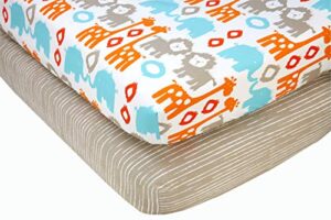 sumersault animals 2 piece fitted crib sheets, orange, turquoise, grey, white