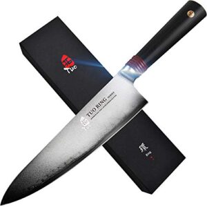 tuo damascus chef's knife - kitchen chef knives - japanese aus-10 damascus steel - dishwasher safe g10 handle - gift case included - ring-rc series tc0301rc - 8"