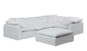 sunset trading contemporary puff collection 5pc performance fabric washable water-resistant stain-proof white slipcovered modular l-shaped sectional sofa with ottoman, deep-seat down-fill couch
