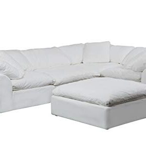 Sunset Trading Contemporary Puff Collection 5PC Performance Fabric Washable Water-Resistant Stain-Proof White Slipcovered Modular L-Shaped Sectional Sofa with Ottoman, Deep-Seat Down-Fill Couch