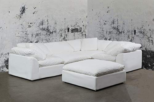 Sunset Trading Contemporary Puff Collection 5PC Performance Fabric Washable Water-Resistant Stain-Proof White Slipcovered Modular L-Shaped Sectional Sofa with Ottoman, Deep-Seat Down-Fill Couch