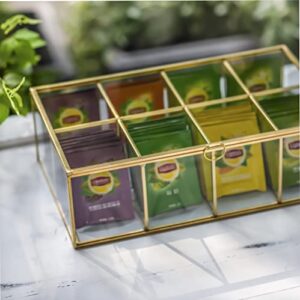 NCYP 12" Glass Tea Bags Box Organizer, Sugar Packets Storage Container, Decor 8 Grids Compartments Divided Handmade Brass Metal Frame Jewelry Counter Top Display Case Large, Glass Box Only