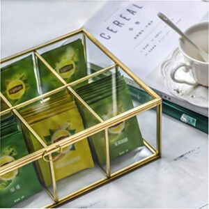 NCYP 12" Glass Tea Bags Box Organizer, Sugar Packets Storage Container, Decor 8 Grids Compartments Divided Handmade Brass Metal Frame Jewelry Counter Top Display Case Large, Glass Box Only