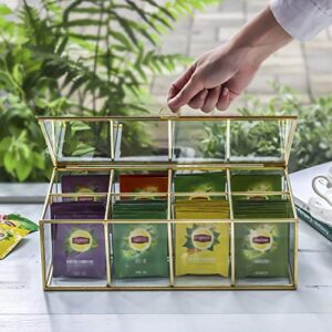 NCYP 12" Glass Tea Bags Box Organizer, Sugar Packets Storage Container, Decor 8 Grids Compartments Divided Handmade Brass Metal Frame Jewelry Counter Top Display Case Large, Glass Box Only