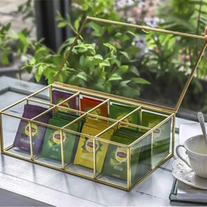 NCYP 12" Glass Tea Bags Box Organizer, Sugar Packets Storage Container, Decor 8 Grids Compartments Divided Handmade Brass Metal Frame Jewelry Counter Top Display Case Large, Glass Box Only