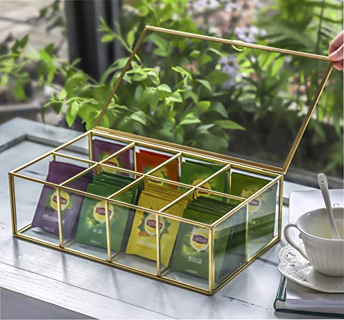 NCYP 12" Glass Tea Bags Box Organizer, Sugar Packets Storage Container, Decor 8 Grids Compartments Divided Handmade Brass Metal Frame Jewelry Counter Top Display Case Large, Glass Box Only