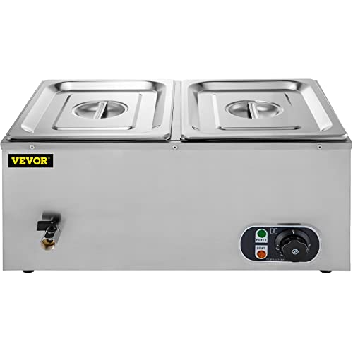 VEVOR 110V 2 Commercial Food Warmer 850W Electric Steam Table 15cm/6inch Deep Stainless Steel Bain Marie 11Quart/Pan for Buffet Catering, Silver