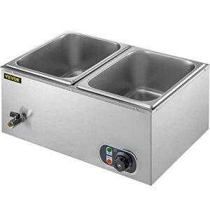 VEVOR 110V 2 Commercial Food Warmer 850W Electric Steam Table 15cm/6inch Deep Stainless Steel Bain Marie 11Quart/Pan for Buffet Catering, Silver