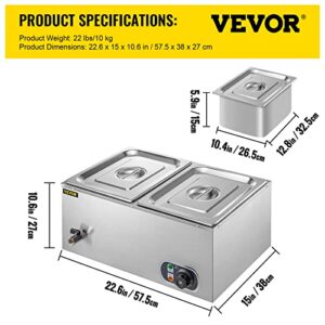 VEVOR 110V 2 Commercial Food Warmer 850W Electric Steam Table 15cm/6inch Deep Stainless Steel Bain Marie 11Quart/Pan for Buffet Catering, Silver