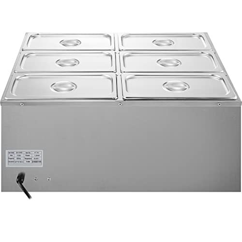 VEVOR 110V 6-Pan Commercial Food Warmer 850W Electric Countertop Steam Table 15cm/6inch Deep Stainless Steel Bain Marie Buffet Large Capacity 6x7 Quart, Silver
