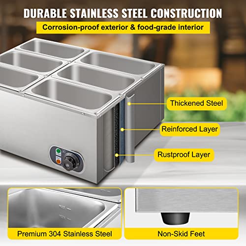 VEVOR 110V 6-Pan Commercial Food Warmer 850W Electric Countertop Steam Table 15cm/6inch Deep Stainless Steel Bain Marie Buffet Large Capacity 6x7 Quart, Silver