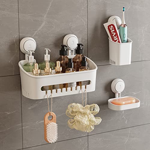 TAILI Shower Caddy Removable Vacuum Suction Cup Storage Basket +Toothbrush Holder + Soap Dish, DIY Drill-Free Kitchen Bathroom Bedroom Organizer Set