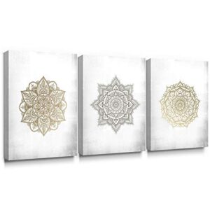 sumgar boho wall art bathroom gold mandala framed paintings 3 piece grey flowers pictures gray floral canvas prints bedroom indian artwork yoga spa bohemian home decorations geometric decor,12x16 in