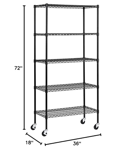 Muscle Rack MWS361872-BLK 5 Shelf Black Wire Mobile Shelving Unit, 72" Height, 36" Width, 18" Length