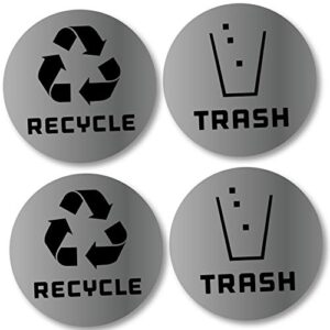 6 pack (4in x 4in) recycle logo and trash can sticker to organize your trash - 7 mil - laminated - for trash cans, garbage containers and recycle bins - premium vinyl decal (silver metallic)