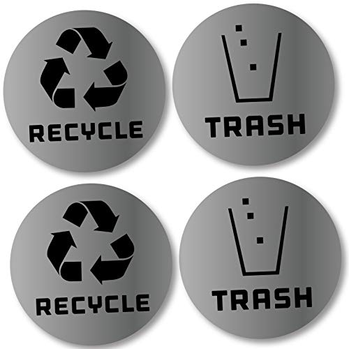 6 Pack (4in x 4in) Recycle Logo and Trash can Sticker to Organize Your Trash - 7 mil - Laminated - for Trash cans, Garbage containers and Recycle Bins - Premium Vinyl Decal (Silver Metallic)