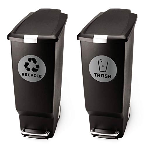 6 Pack (4in x 4in) Recycle Logo and Trash can Sticker to Organize Your Trash - 7 mil - Laminated - for Trash cans, Garbage containers and Recycle Bins - Premium Vinyl Decal (Silver Metallic)