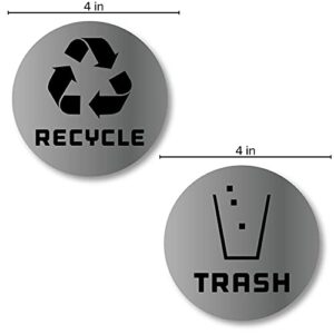 6 Pack (4in x 4in) Recycle Logo and Trash can Sticker to Organize Your Trash - 7 mil - Laminated - for Trash cans, Garbage containers and Recycle Bins - Premium Vinyl Decal (Silver Metallic)