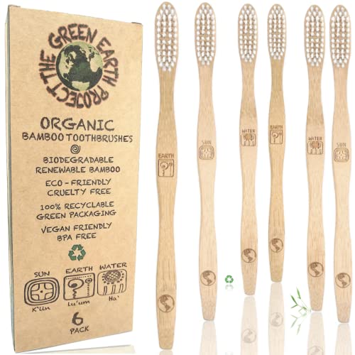 Organic Bamboo Toothbrushes - Eco-Friendly & Compostable 100% Biodegradable Wooden Handles - Durable BPA-Free Medium Soft Bristles - Vegan Manual Toothbrush for Adults with Sensible Gums (6Pack)