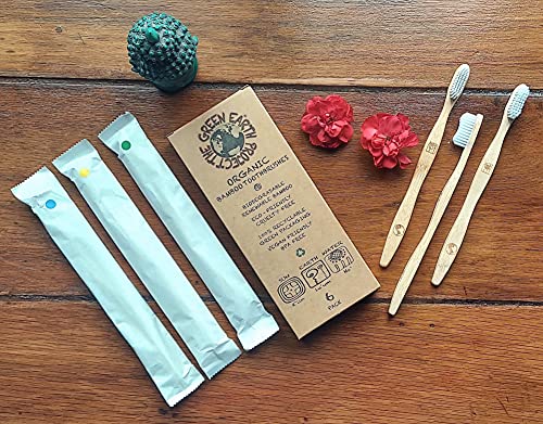 Organic Bamboo Toothbrushes - Eco-Friendly & Compostable 100% Biodegradable Wooden Handles - Durable BPA-Free Medium Soft Bristles - Vegan Manual Toothbrush for Adults with Sensible Gums (6Pack)