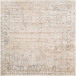 unique loom chateau collection distressed, textured, vintage, border, rustic, traditional area rug, 7 ft, beige/light brown