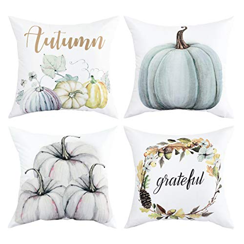 Yastouay Autumn Throw Pillow Cover Decorations Pumpkin Cushion Couch Cover Pillow Cases Set of 4 for Autumn Thanksgiving Day (Blue-Gray,18 X 18 Inch)