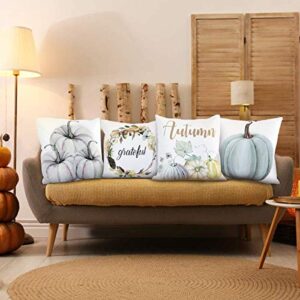 Yastouay Autumn Throw Pillow Cover Decorations Pumpkin Cushion Couch Cover Pillow Cases Set of 4 for Autumn Thanksgiving Day (Blue-Gray,18 X 18 Inch)