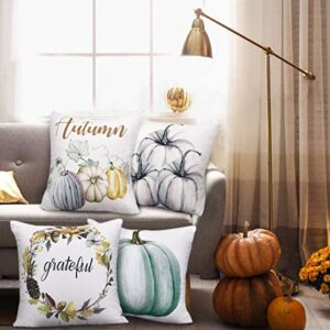 Yastouay Autumn Throw Pillow Cover Decorations Pumpkin Cushion Couch Cover Pillow Cases Set of 4 for Autumn Thanksgiving Day (Blue-Gray,18 X 18 Inch)