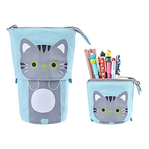 Rolin Roly Blue Telescopic Pencil Pouch Standing Pencil Case Cute Cat Stationery Bags Stand Up Pen Box Canvas Cartoon Pencil Holder with Zipper Transformer Pen Case