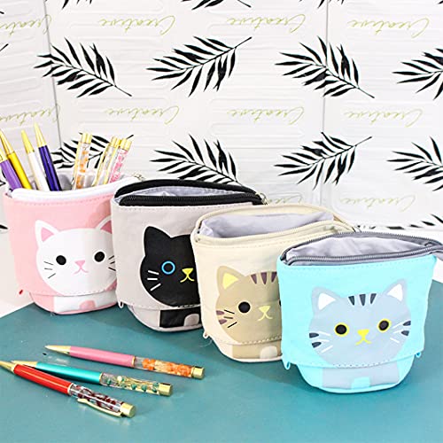 Rolin Roly Blue Telescopic Pencil Pouch Standing Pencil Case Cute Cat Stationery Bags Stand Up Pen Box Canvas Cartoon Pencil Holder with Zipper Transformer Pen Case