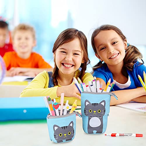 Rolin Roly Blue Telescopic Pencil Pouch Standing Pencil Case Cute Cat Stationery Bags Stand Up Pen Box Canvas Cartoon Pencil Holder with Zipper Transformer Pen Case