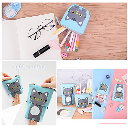 Rolin Roly Blue Telescopic Pencil Pouch Standing Pencil Case Cute Cat Stationery Bags Stand Up Pen Box Canvas Cartoon Pencil Holder with Zipper Transformer Pen Case